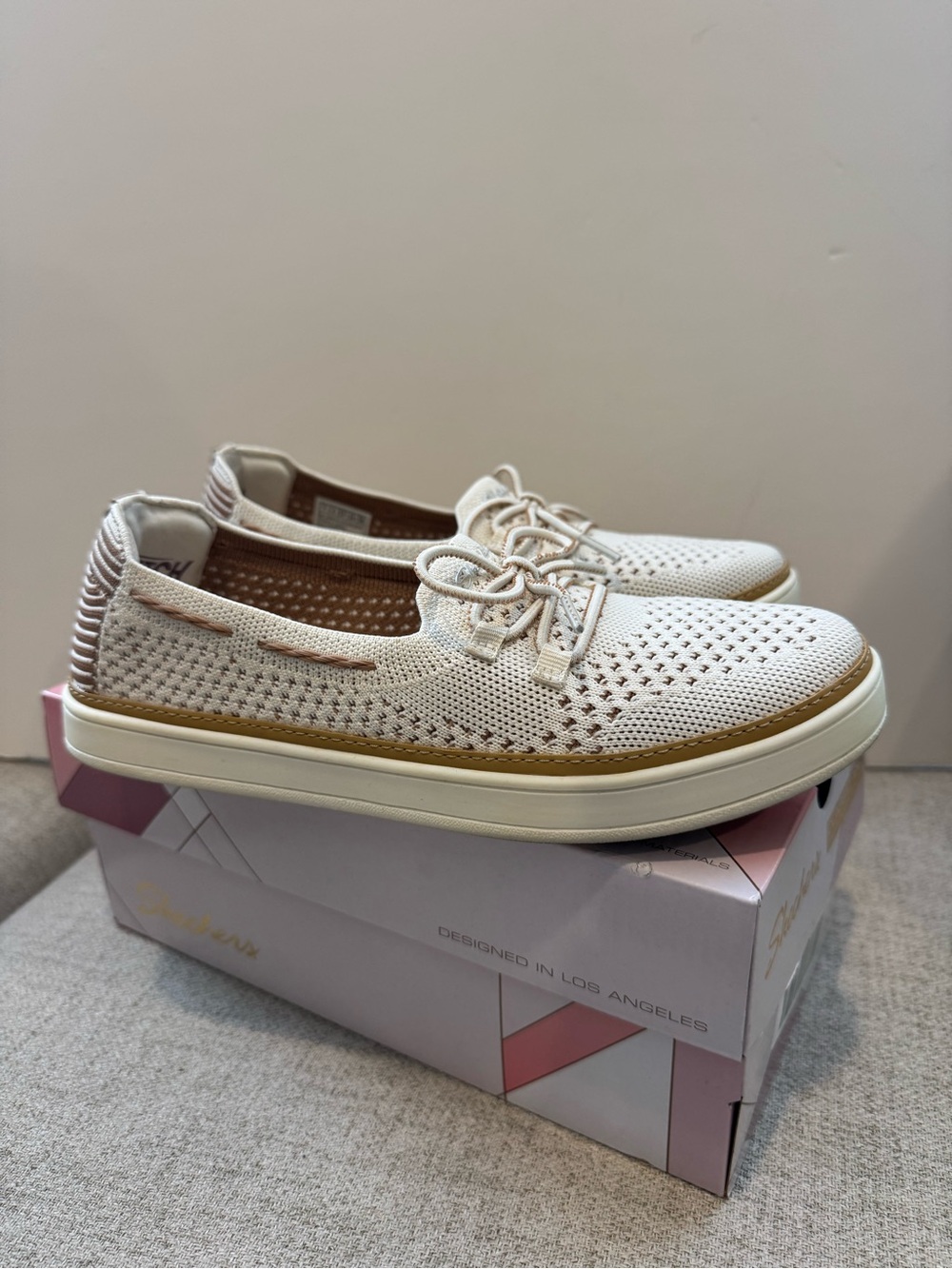 Skechers Cream Knit Lace-Up Slip-On Sneakers - Picture 2 of 6